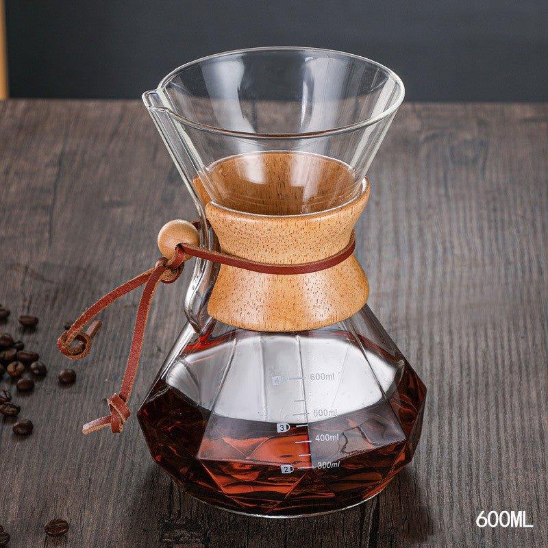 Hand-made Glass Pour Over Coffee Pot Carafe Diamond-shaped Drip Pot Reusable Stainless Steel Filter Cup with Wood and Leather Strap Design