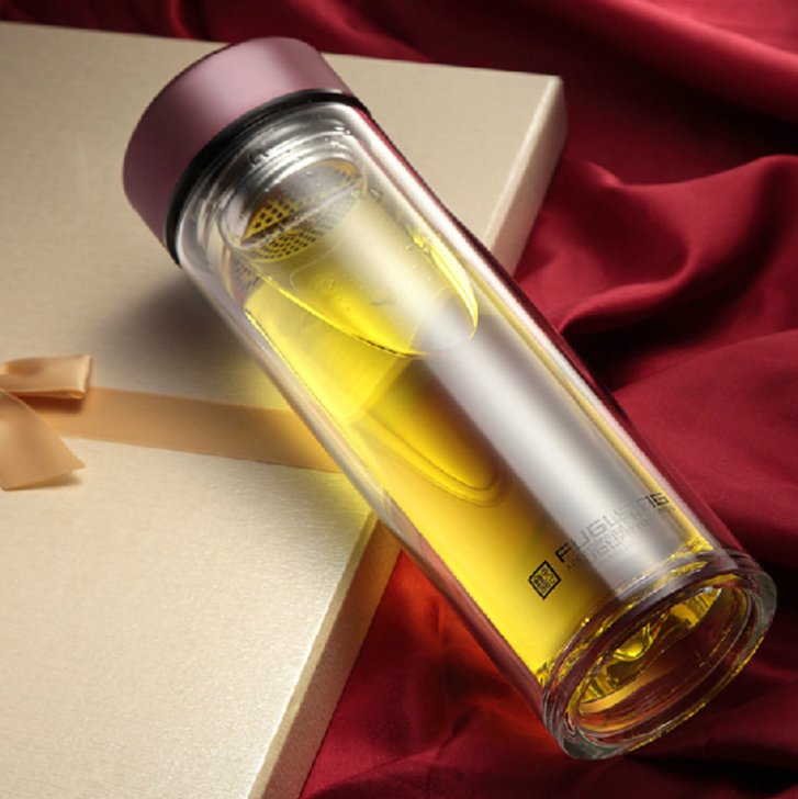 Double Layer Glass Water Bottle Tea Coffee or Fruit Infuser with Removable Stainless Steel Filter Unit
