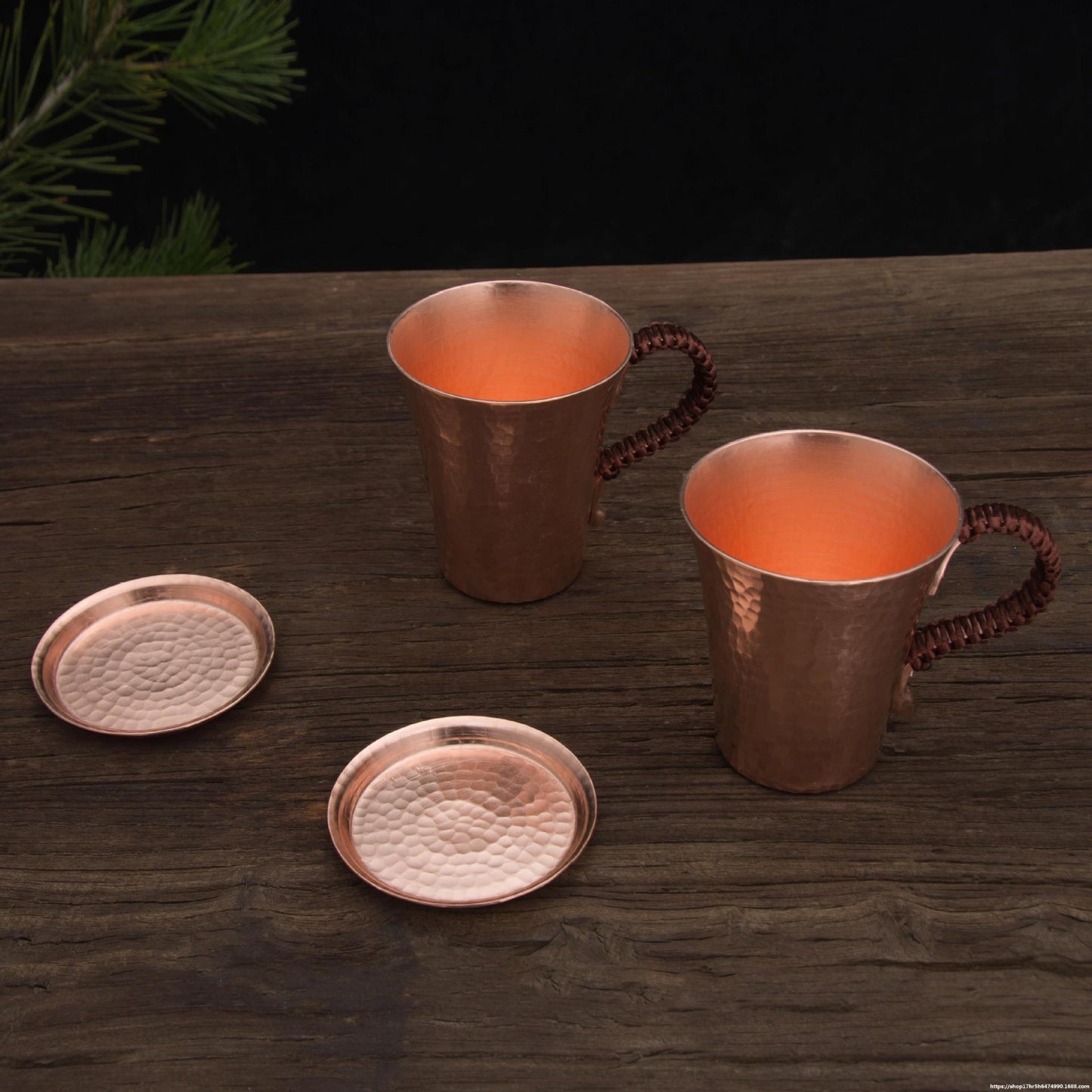 Handmade Pure Copper Coffee Tea Mug Beer Hammered Moscow Mule Thick Cup with a Dual Lid Coaster Metal Drinkware