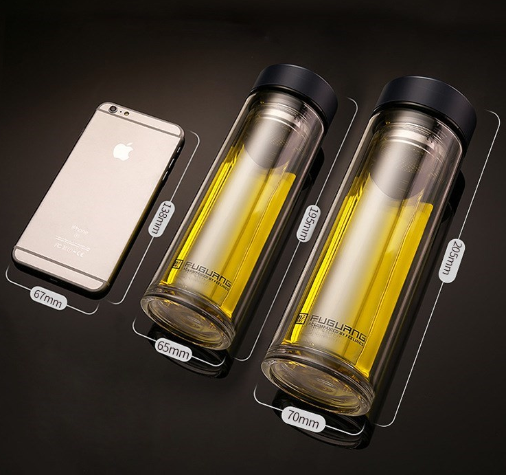 Double Layer Glass Water Bottle Tea Coffee or Fruit Infuser with Removable Stainless Steel Filter Unit