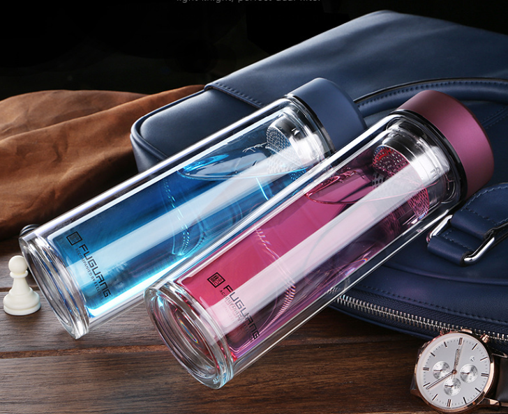 Double Layer Glass Water Bottle Tea Coffee or Fruit Infuser with Removable Stainless Steel Filter Unit