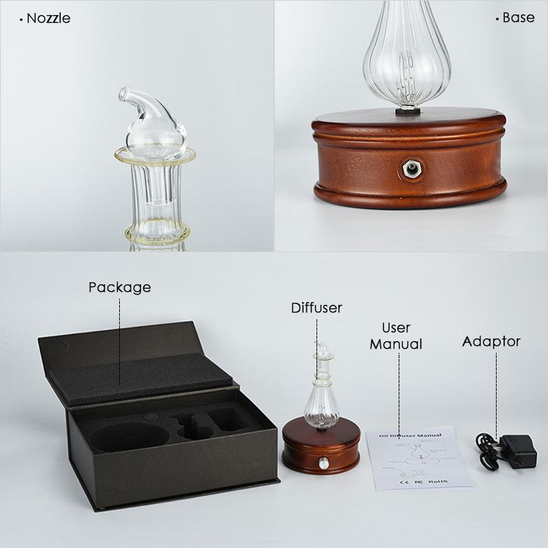 Glass and Wood Aromatherapy Waterless Essential Oil Diffuser Nebulizer Cool Mist Auto Shutoff Mist Modes Colored Lights Home and Office