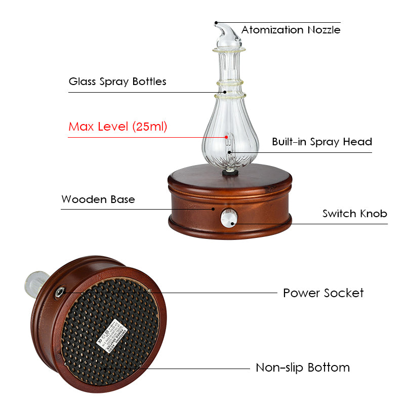 Glass and Wood Aromatherapy Waterless Essential Oil Diffuser Nebulizer Cool Mist Auto Shutoff Mist Modes Colored Lights Home and Office