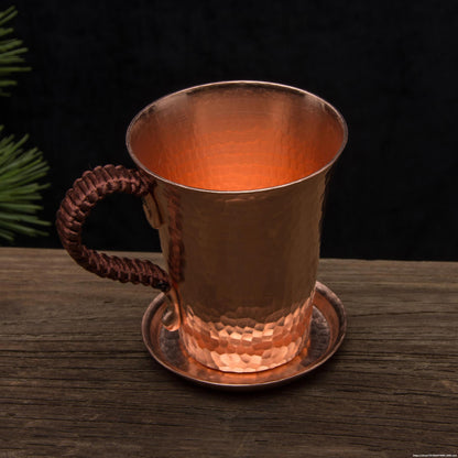 Handmade Pure Copper Coffee Tea Mug Beer Hammered Moscow Mule Thick Cup with a Dual Lid Coaster Metal Drinkware
