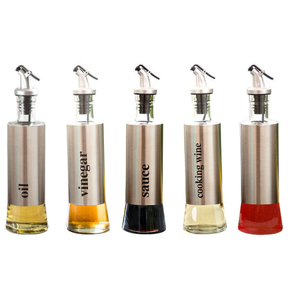 Glass and Stainless Steel Oil Vinegar Sauce Bottle Container Dispenser with Anti-Drip Sleek Long Clean Hygienic Leak Proof Design