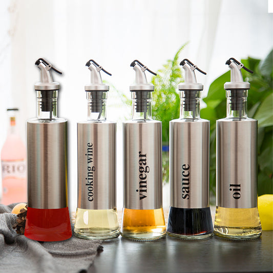 Glass and Stainless Steel Oil Vinegar Sauce Bottle Container Dispenser with Anti-Drip Sleek Long Clean Hygienic Leak Proof Design