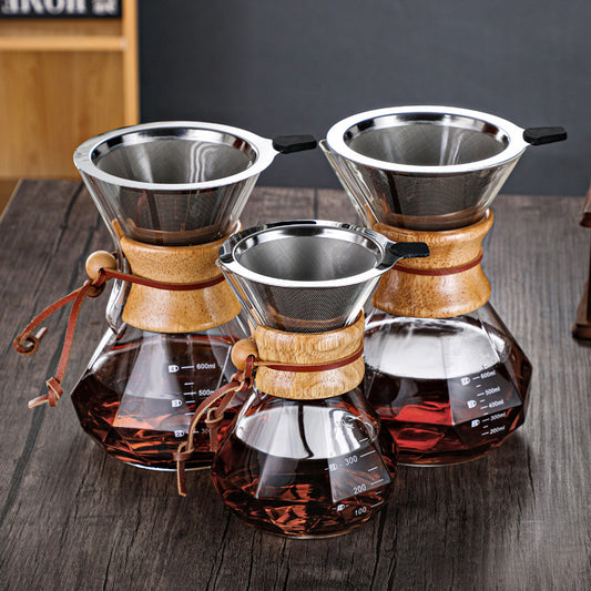 Hand-made Glass Pour Over Coffee Pot Carafe Diamond-shaped Drip Pot Reusable Stainless Steel Filter Cup with Wood and Leather Strap Design
