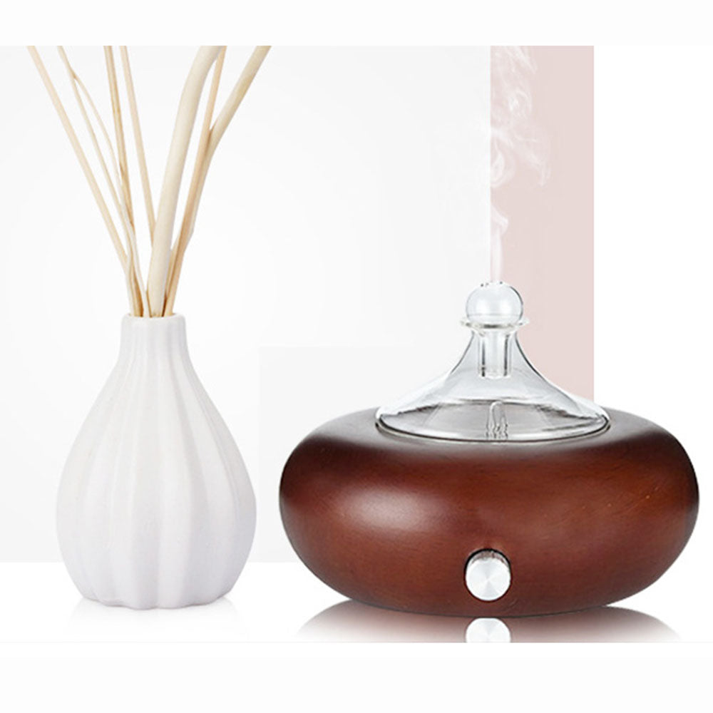 Handmade Glass and Round Bottom Wood Aromatherapy Essential Oil Waterless Mahogany or Bamboo Retro Diffuser Nebulizer Cool Mist Spray Auto Shutoff Mist Mode Colored Light Home and Office