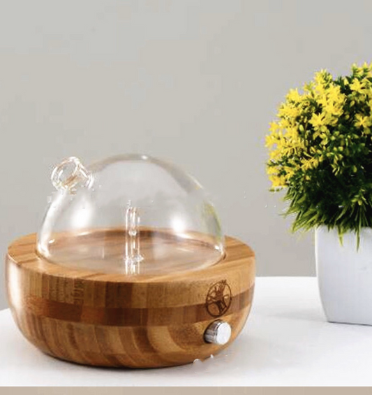 Round Glass Dome & Wood Grain Essential Oil Cool Mist Aromatherapy Diffuser Safe Auto Shutoff & Mist Modes with Colored Lights for Home and Office