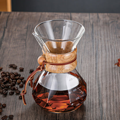 Hand-made Glass Pour Over Coffee Pot Carafe Diamond-shaped Drip Pot  Reusable Stainless Steel Filter Cup with Wood and Leather Strap Design